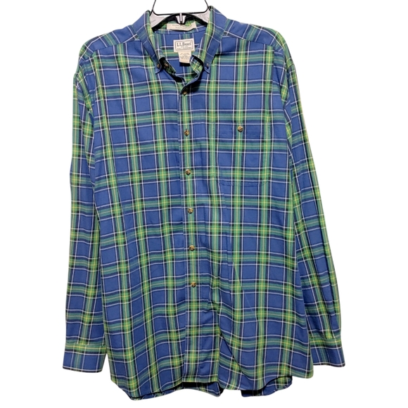 L.L. Bean Blue Green Plaid Long Sleeve Button Down Shirt Mens Size Large L - Picture 2 of 10